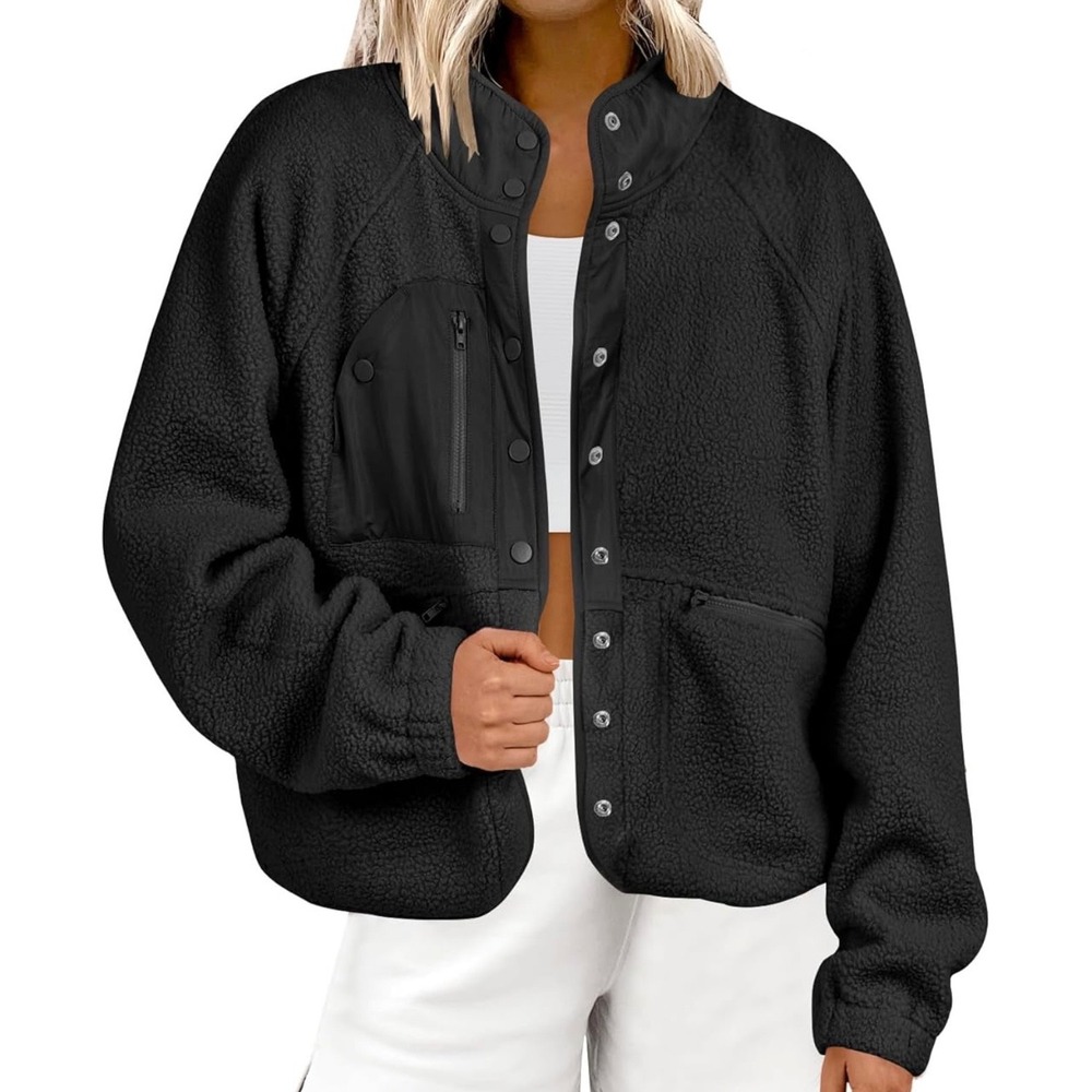 Womens Black Sherpa Fleece Jacket Oversized Snap Front Zip Pocket Coat New